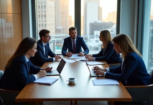 A professional and diverse team of financial advisors collaborating in a modern office environment.